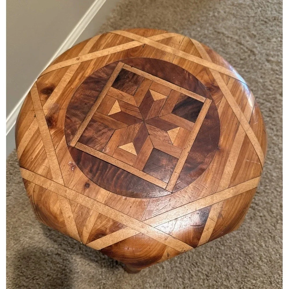 VTG Inlaid Wood Footstool Marquetry Geometric Pattern MCM 10.5